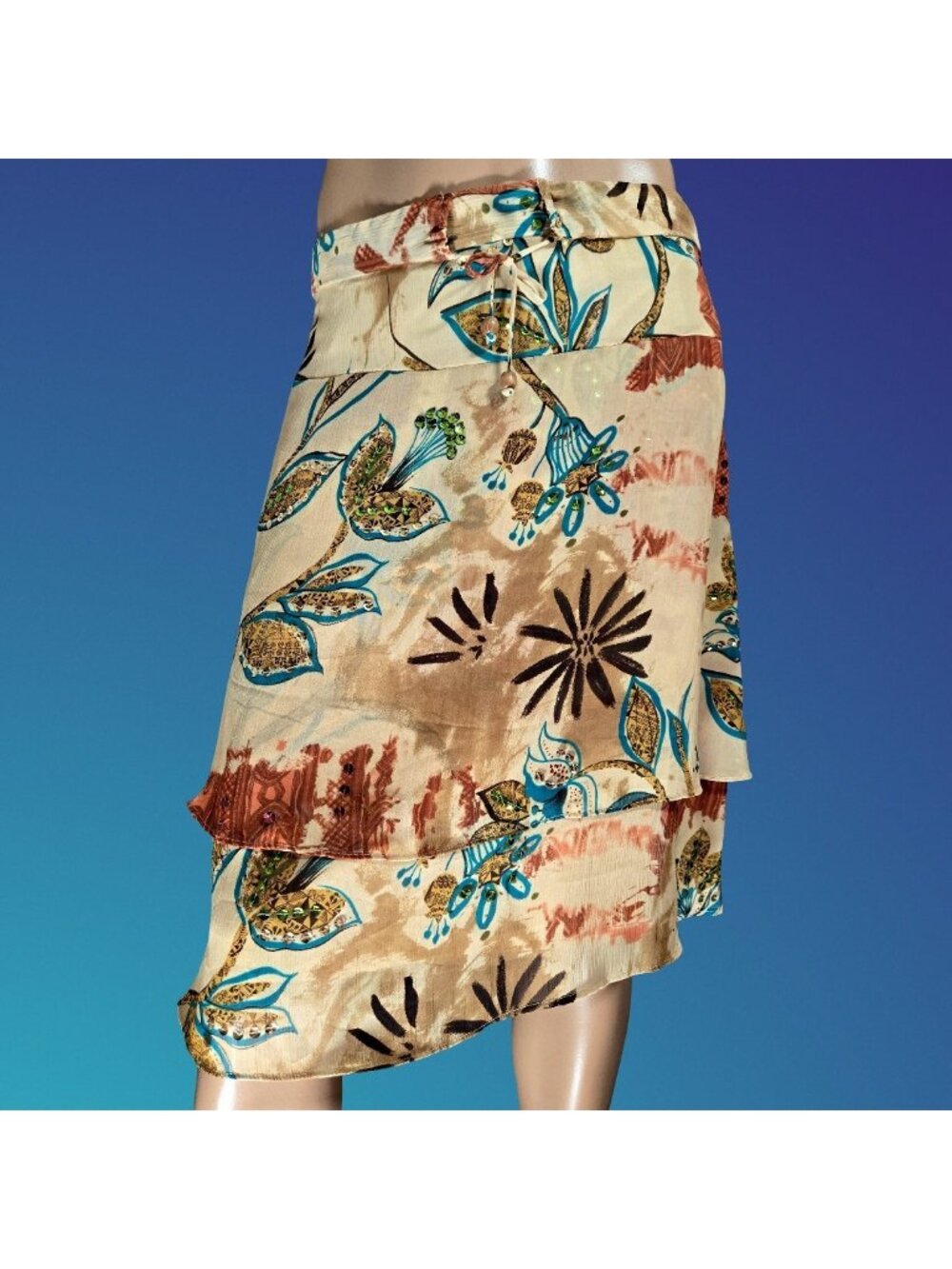 Vintage 90s Sequin Chiffon Midi Skirt Boho Fairy Beige Blue Floral Tiered Sz 11